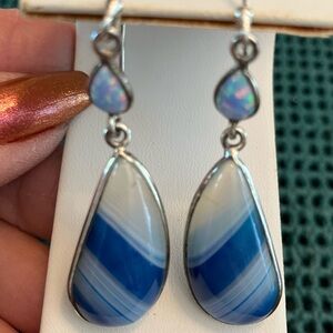 Artisan Botswana Agate and Created Opal Sterling Silver Dangle Earrings